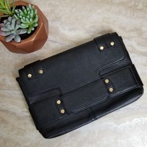 Poppie Black Faux Leather Envelope Flap Closure Clutch Handbag